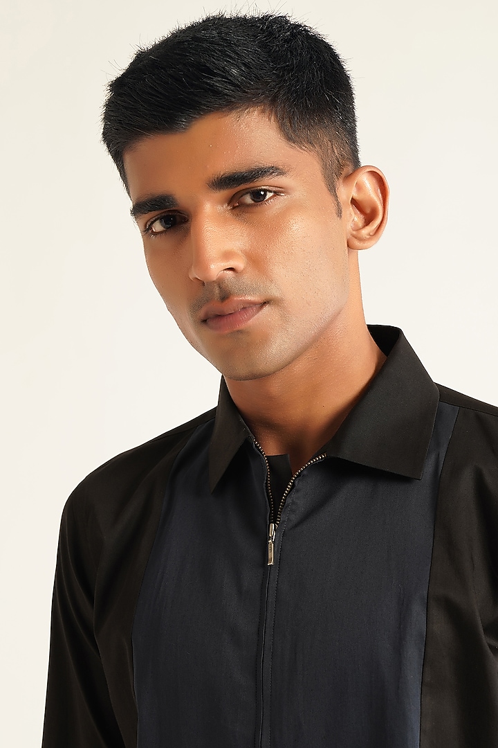 Black Cotton Satin Party Wear Shirt by Dhruv Vaish at Pernia's Pop Up Shop