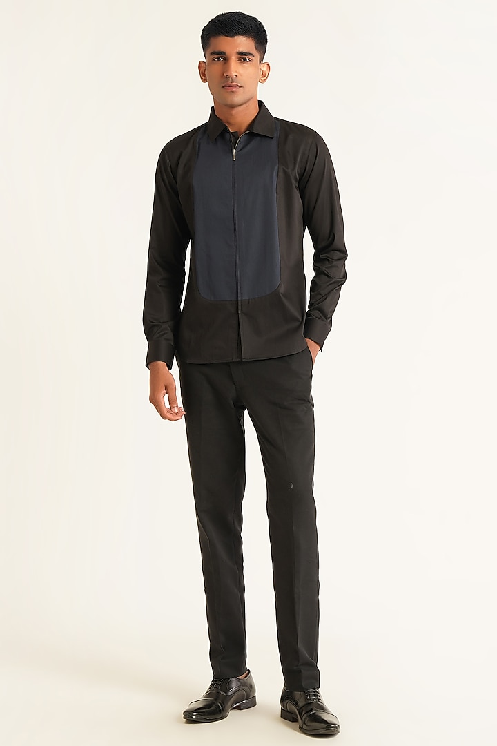 Black Cotton Satin Party Wear Shirt by Dhruv Vaish at Pernia's Pop Up Shop