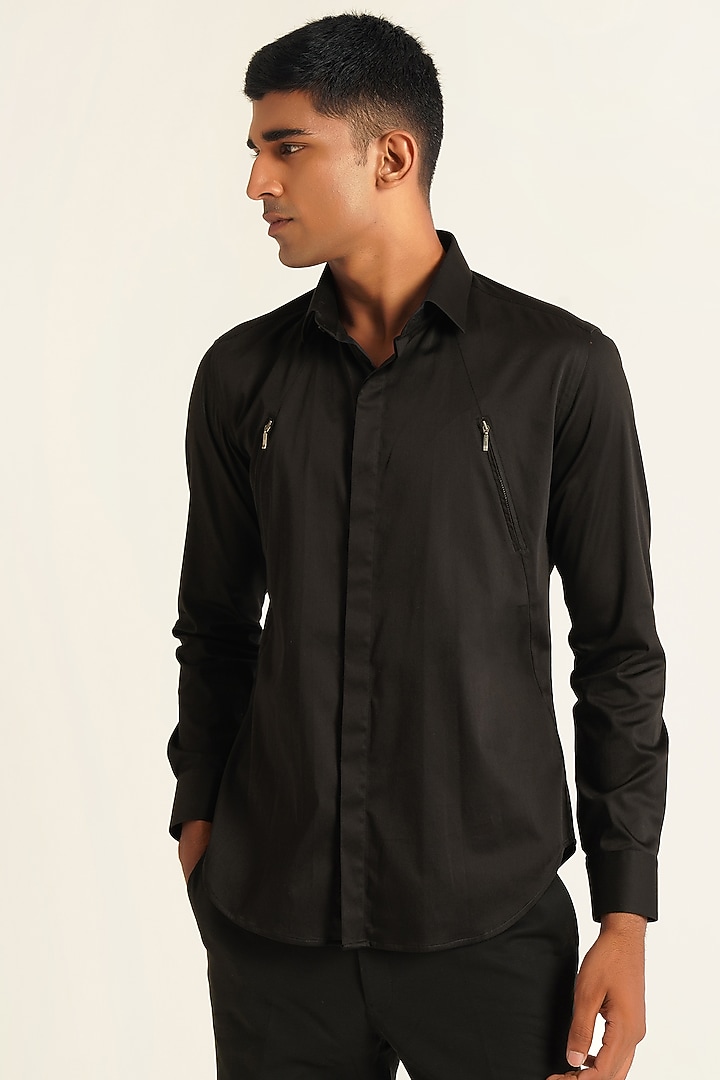 Black Cotton Satin Party Wear Shirt by Dhruv Vaish at Pernia's Pop Up Shop