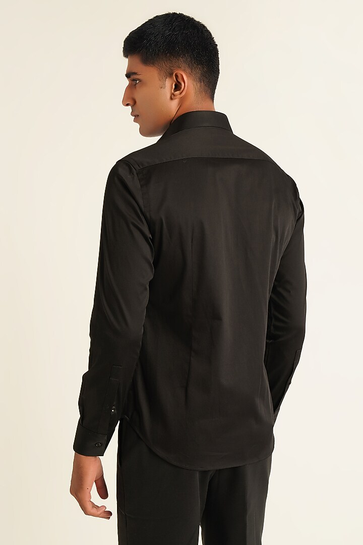 Black Cotton Satin Party Wear Shirt by Dhruv Vaish at Pernia's Pop Up Shop