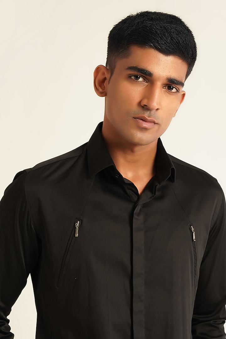 Black Cotton Satin Party Wear Shirt by Dhruv Vaish at Pernia's Pop Up Shop
