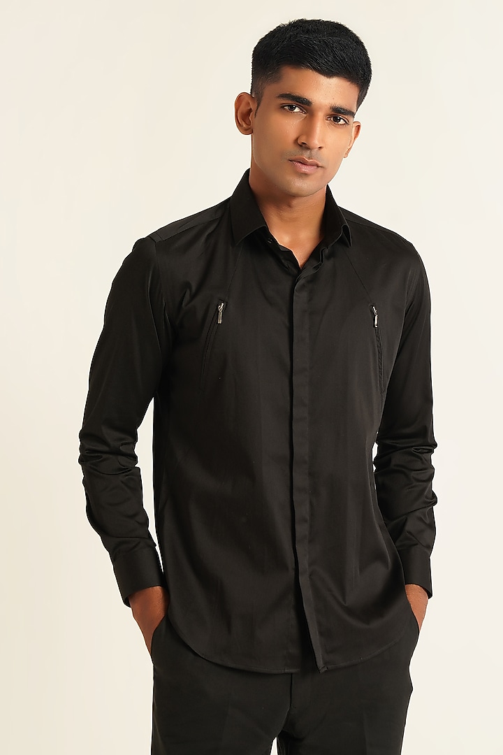 Black Cotton Satin Shirt by Dhruv Vaish at Pernia's Pop Up Shop