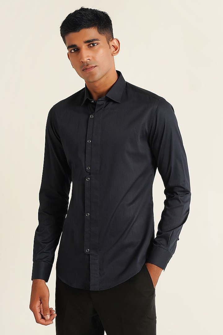 Navy Blue Cotton Satin Shirt by Dhruv Vaish