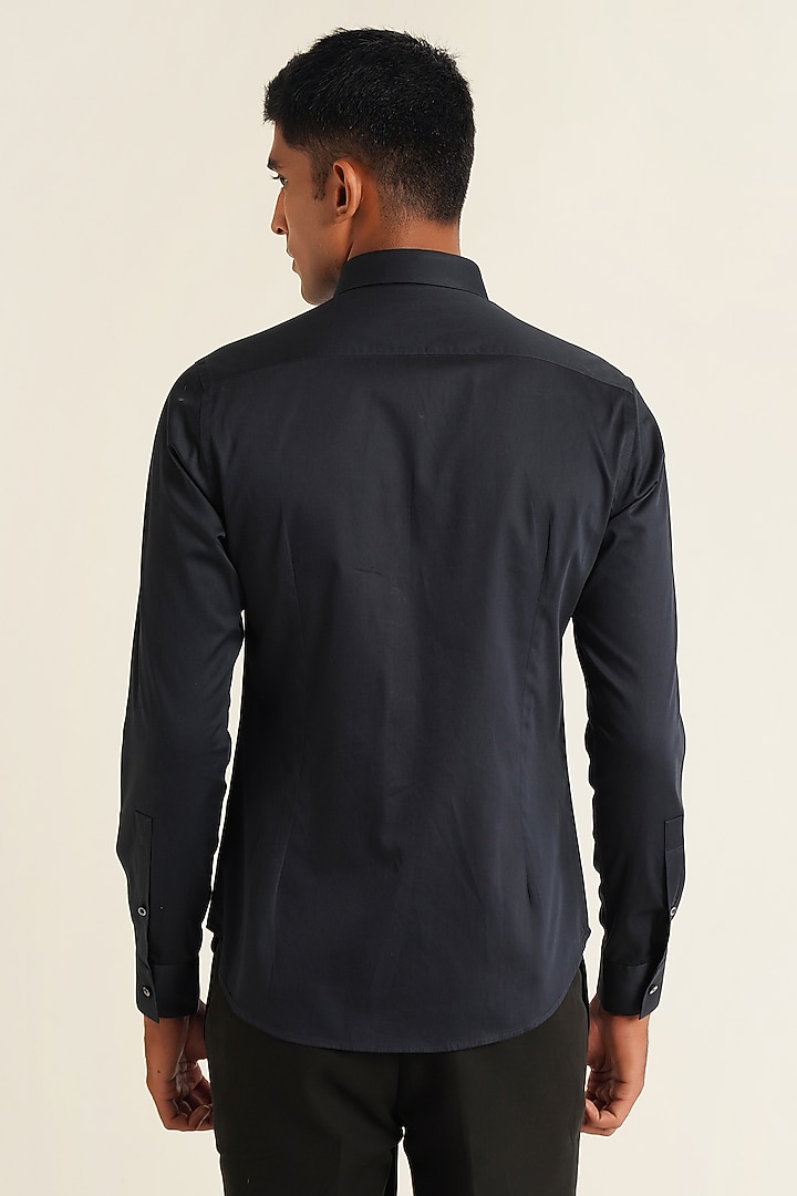 Navy Blue Cotton Satin Party Wear Shirt by Dhruv Vaish at Pernia's Pop Up Shop