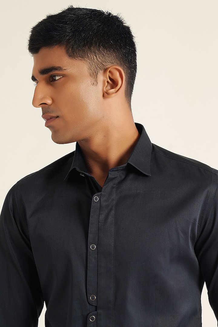 Navy Blue Cotton Satin Party Wear Shirt by Dhruv Vaish at Pernia's Pop Up Shop