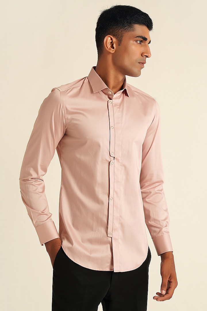 Rosewater Pink Cotton Satin Shirt by Dhruv Vaish