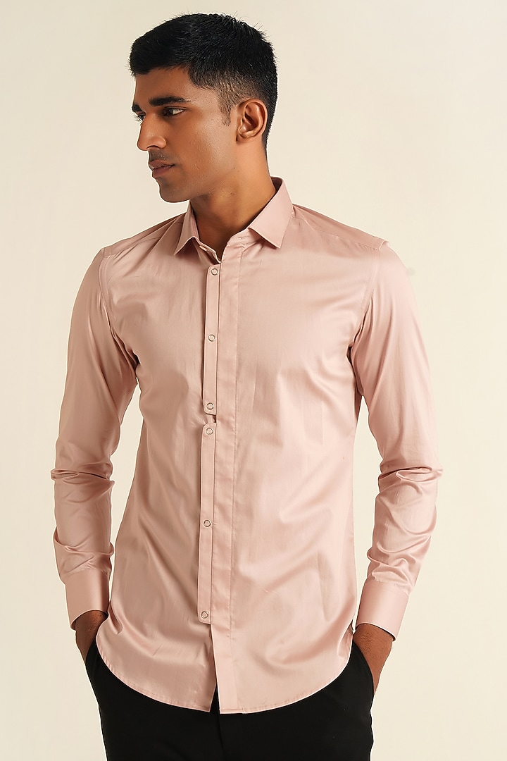Rosewater Pink Cotton Satin Party Wear Shirt by Dhruv Vaish at Pernia's Pop Up Shop