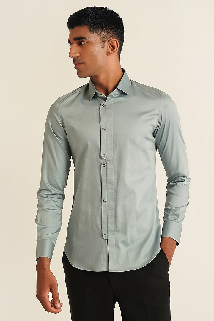 Haze Blue Cotton Satin Party Wear Shirt by Dhruv Vaish at Pernia's Pop Up Shop