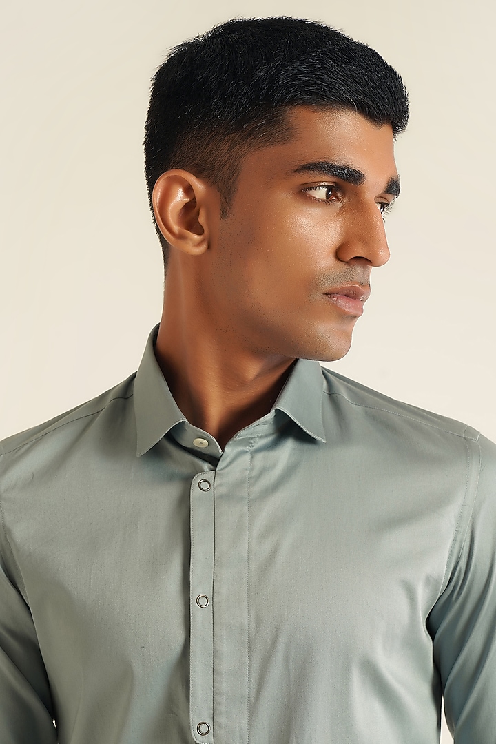 Haze Blue Cotton Satin Party Wear Shirt by Dhruv Vaish at Pernia's Pop Up Shop