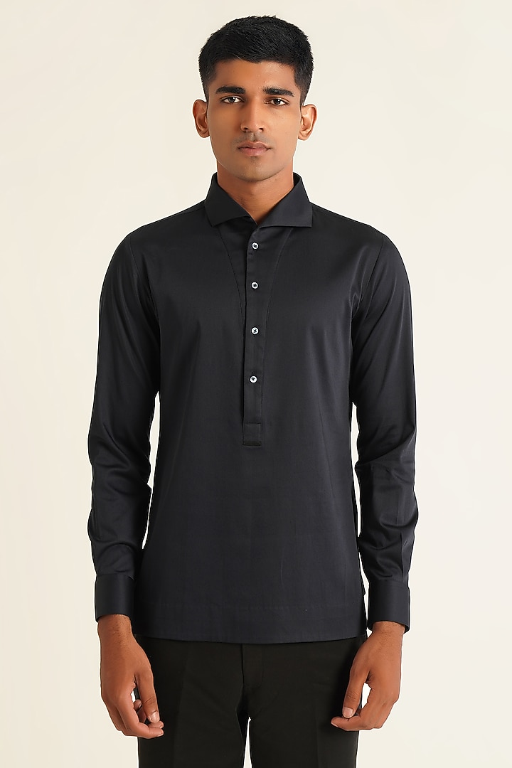 Navy Blue Cotton Satin Party Wear Shirt by Dhruv Vaish at Pernia's Pop Up Shop