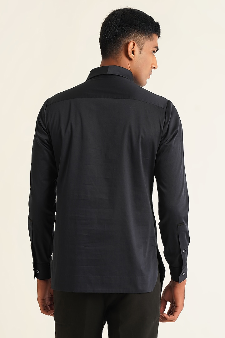 Navy Blue Cotton Satin Party Wear Shirt by Dhruv Vaish at Pernia's Pop Up Shop