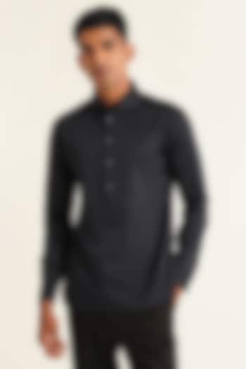 Navy Blue Cotton Satin Party Wear Shirt by Dhruv Vaish at Pernia's Pop Up Shop
