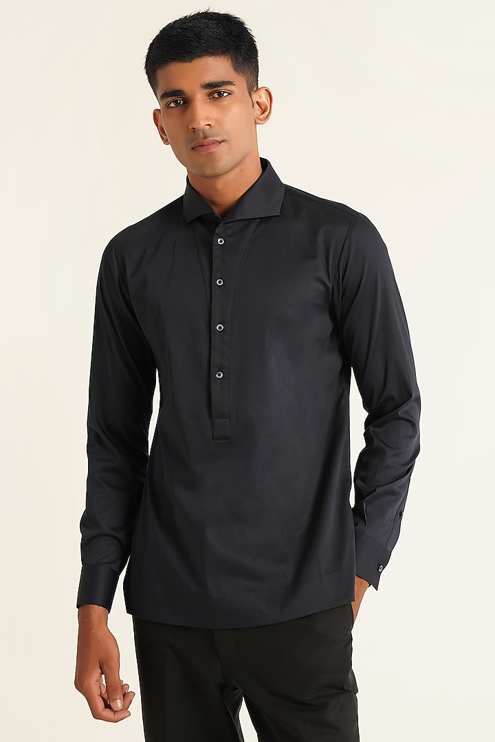 Navy Blue Cotton Satin Party Wear Shirt by Dhruv Vaish at Pernia's Pop Up Shop