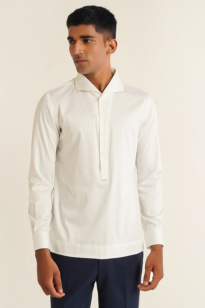 White Cotton Satin Party Wear Shirt by Dhruv Vaish at Pernia's Pop Up Shop