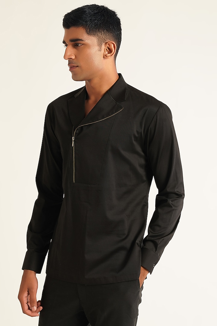 Black Cotton Satin Kurta Party Wear Shirt by Dhruv Vaish at Pernia's Pop Up Shop
