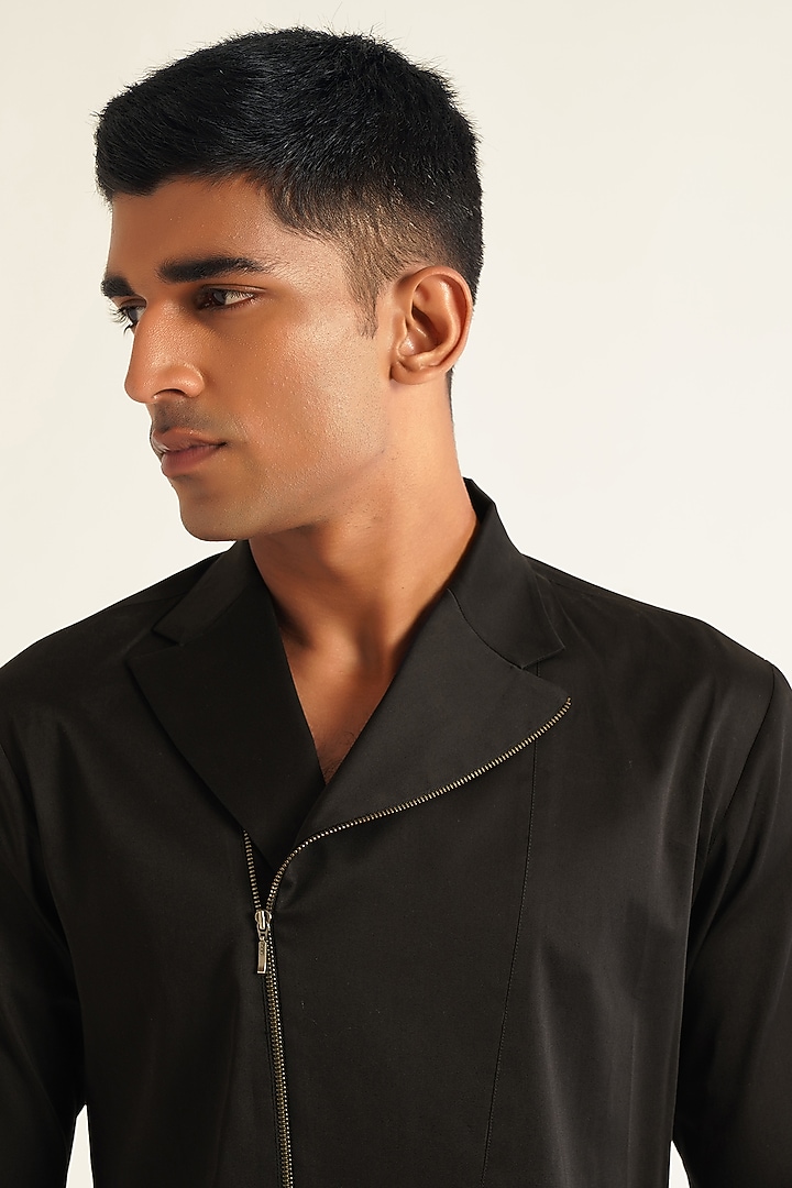 Black Cotton Satin Kurta Party Wear Shirt by Dhruv Vaish at Pernia's Pop Up Shop