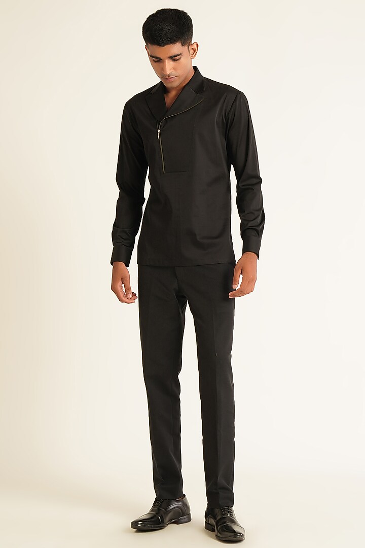 Black Cotton Satin Kurta Party Wear Shirt by Dhruv Vaish at Pernia's Pop Up Shop