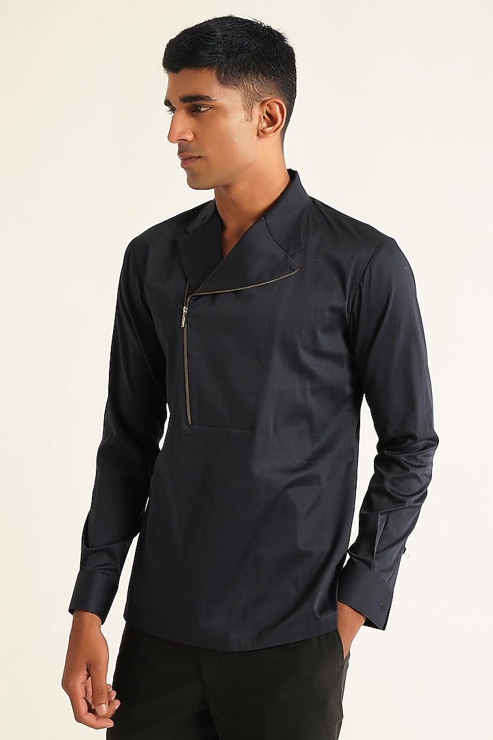 Navy Blue Cotton Satin Kurta Party Wear Shirt by Dhruv Vaish at Pernia's Pop Up Shop