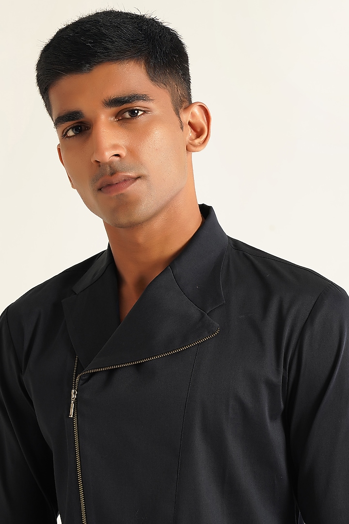 Navy Blue Cotton Satin Kurta Party Wear Shirt by Dhruv Vaish at Pernia's Pop Up Shop