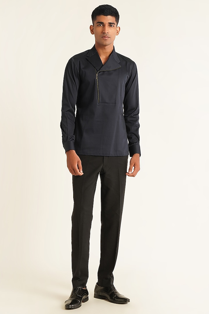 Navy Blue Cotton Satin Kurta Party Wear Shirt by Dhruv Vaish at Pernia's Pop Up Shop