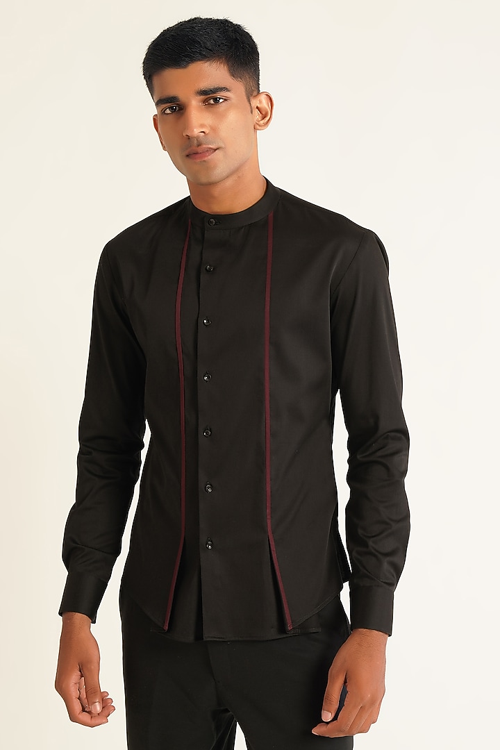 Black Cotton Satin Party Wear Shirt by Dhruv Vaish at Pernia's Pop Up Shop
