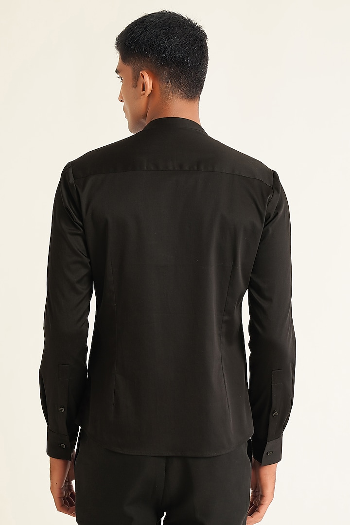 Black Cotton Satin Party Wear Shirt by Dhruv Vaish at Pernia's Pop Up Shop