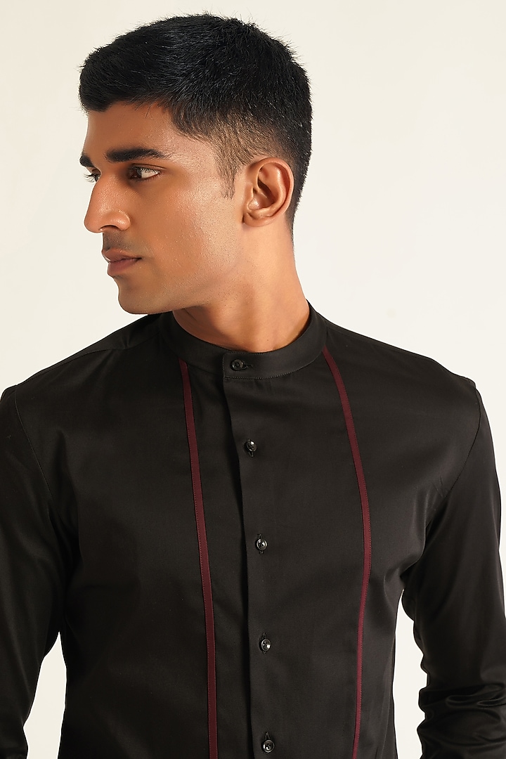 Black Cotton Satin Party Wear Shirt by Dhruv Vaish at Pernia's Pop Up Shop