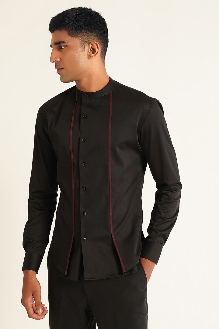 Black Cotton Satin Party Wear Shirt by Dhruv Vaish at Pernia's Pop Up Shop
