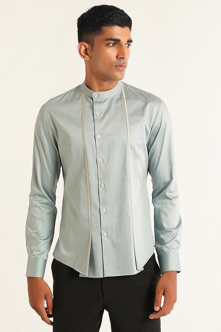 Haze Blue Cotton Satin Shirt by Dhruv Vaish