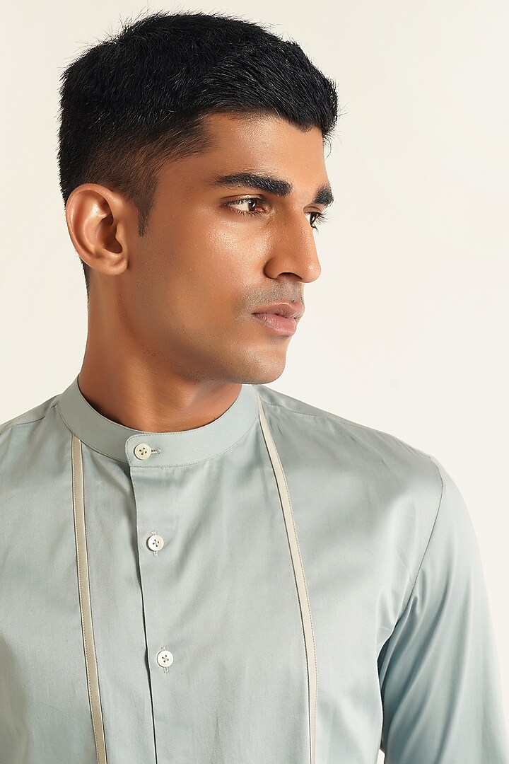 Haze Blue Cotton Satin Party Wear Shirt by Dhruv Vaish at Pernia's Pop Up Shop