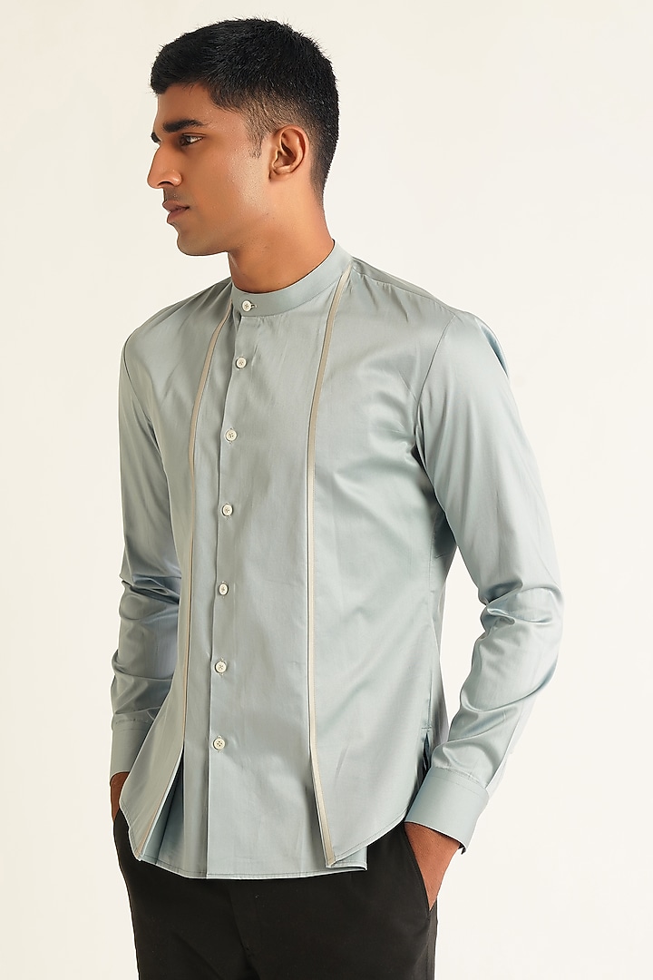 Haze Blue Cotton Satin Party Wear Shirt by Dhruv Vaish at Pernia's Pop Up Shop