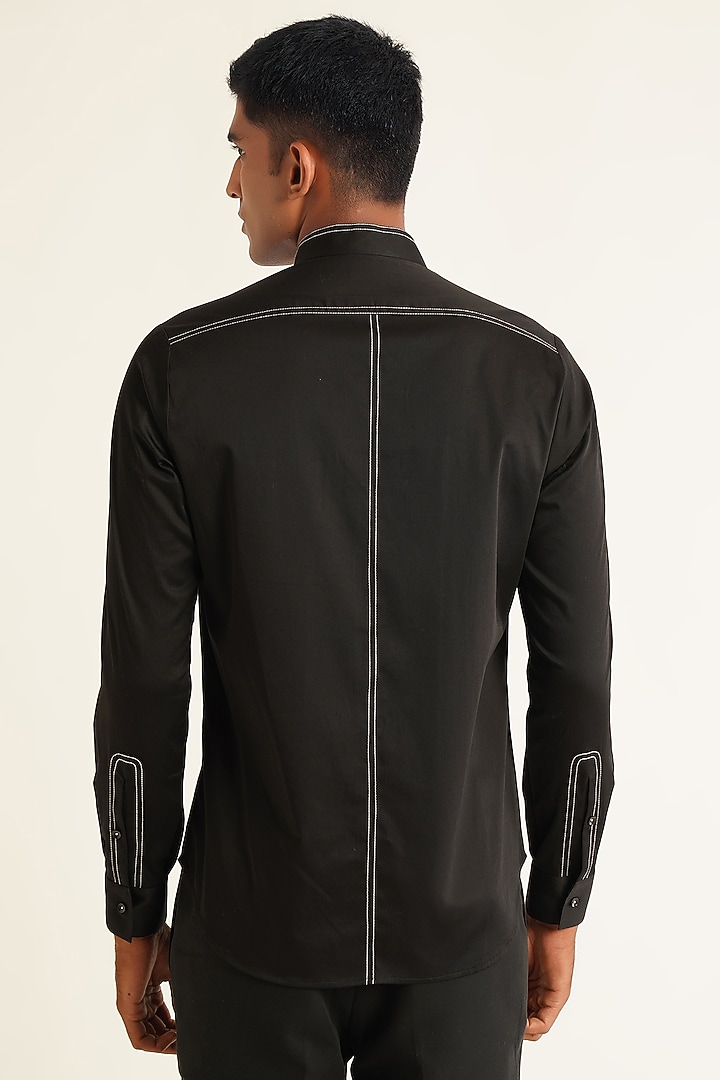 Black Cotton Satin Party Wear Shirt by Dhruv Vaish at Pernia's Pop Up Shop