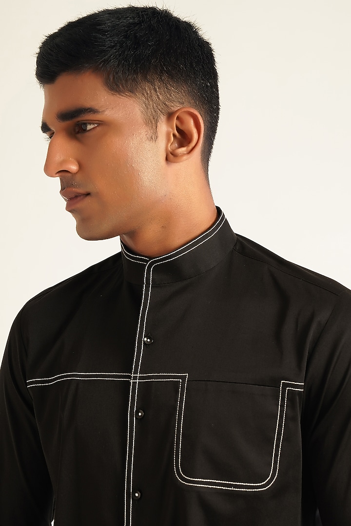 Black Cotton Satin Party Wear Shirt by Dhruv Vaish at Pernia's Pop Up Shop