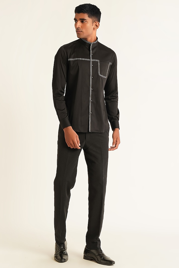 Black Cotton Satin Party Wear Shirt by Dhruv Vaish at Pernia's Pop Up Shop