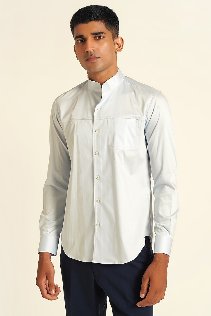 Ice Blue Cotton Satin Party Wear Shirt by Dhruv Vaish at Pernia's Pop Up Shop