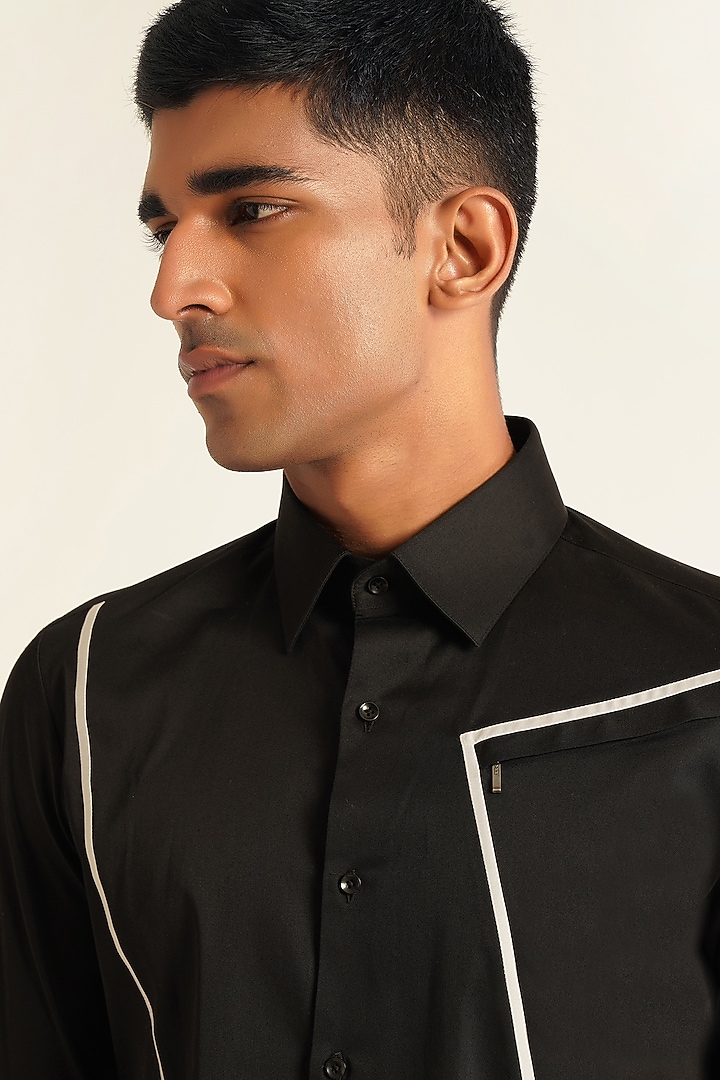 Black Cotton Satin Party Wear Shirt by Dhruv Vaish at Pernia's Pop Up Shop