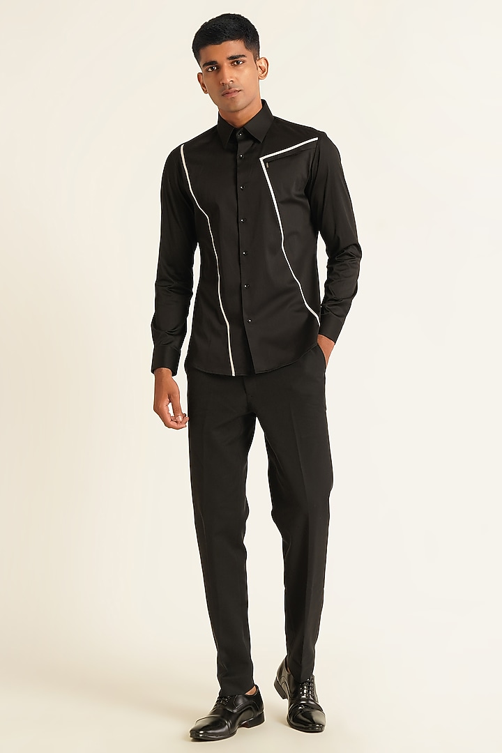 Black Cotton Satin Party Wear Shirt by Dhruv Vaish at Pernia's Pop Up Shop