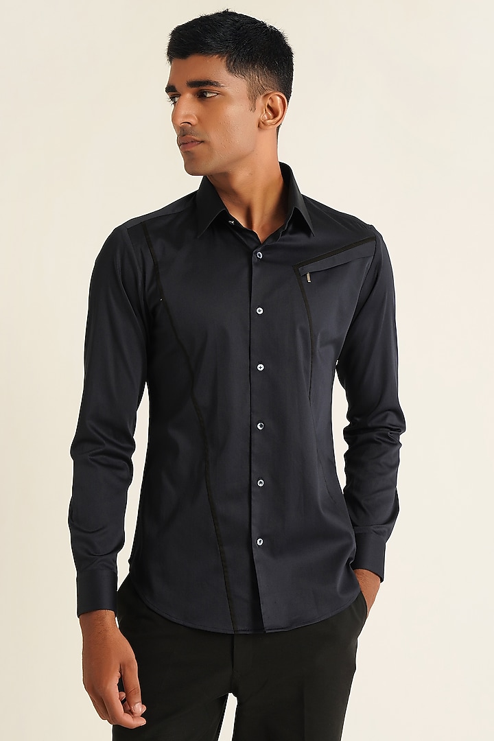 Navy Blue Cotton Satin Party Wear Shirt by Dhruv Vaish at Pernia's Pop Up Shop