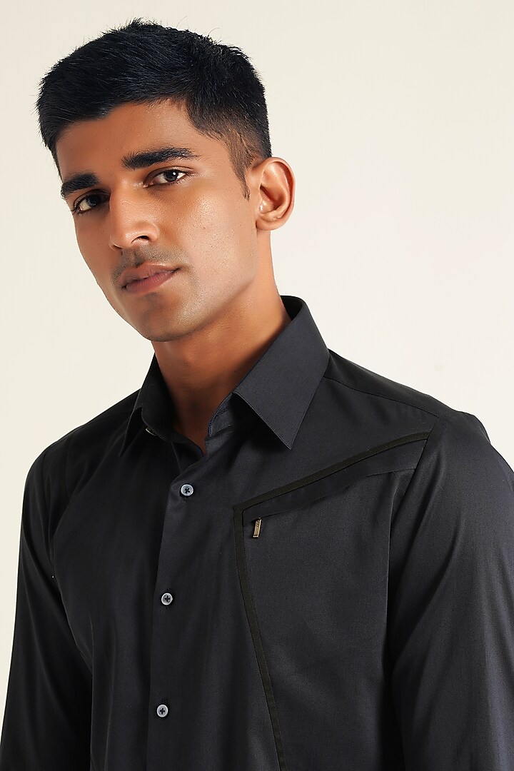 Navy Blue Cotton Satin Party Wear Shirt by Dhruv Vaish at Pernia's Pop Up Shop