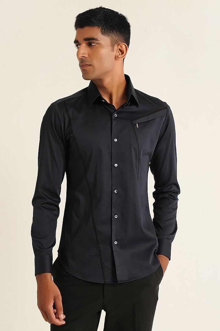 Navy Blue Cotton Satin Party Wear Shirt by Dhruv Vaish at Pernia's Pop Up Shop