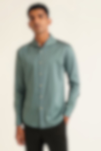 Teal-Grey Cotton Satin Button Down Party Wear Shirt by Dhruv Vaish at Pernia's Pop Up Shop
