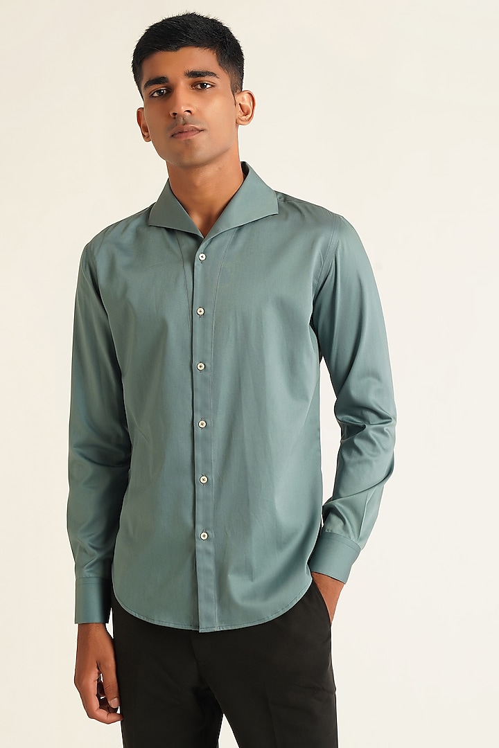 Teal-Grey Cotton Satin Button Down Party Wear Shirt by Dhruv Vaish at Pernia's Pop Up Shop