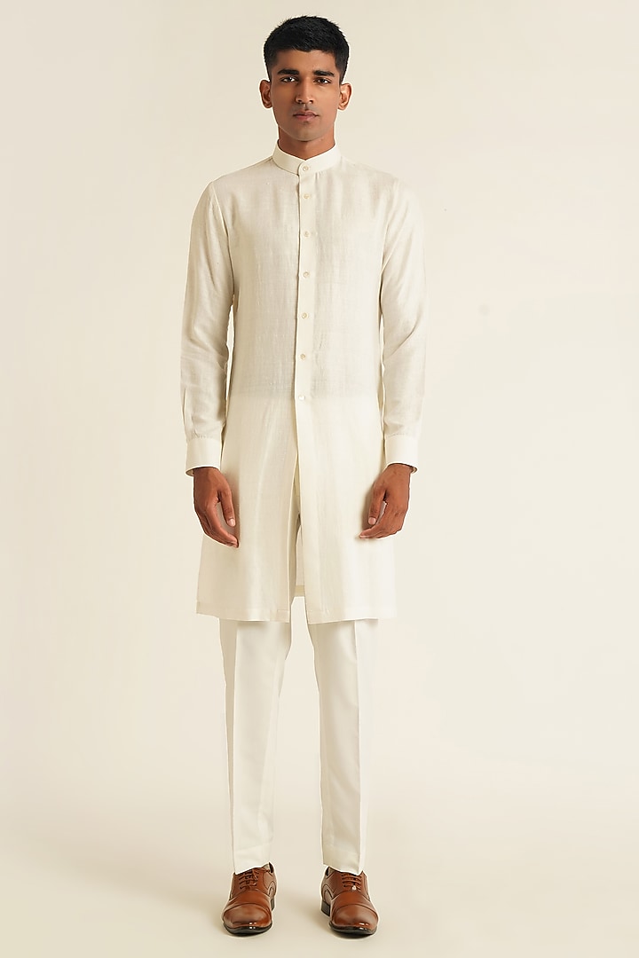 Ivory Silk French Knot Embroidered Open Wedding Bandhgala Set by Dhruv Vaish at Pernia's Pop Up Shop