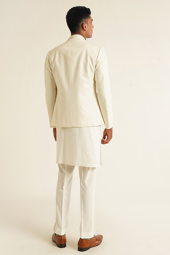 Ivory Silk French Knot Embroidered Open Wedding Bandhgala Set by Dhruv Vaish at Pernia's Pop Up Shop