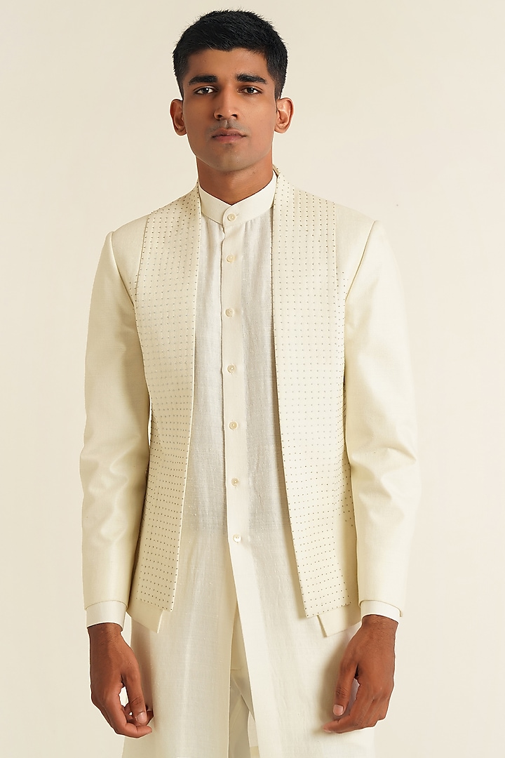 Ivory Silk French Knot Embroidered Open Wedding Bandhgala Set by Dhruv Vaish at Pernia's Pop Up Shop