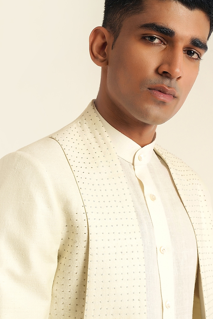 Ivory Silk French Knot Embroidered Open Wedding Bandhgala Set by Dhruv Vaish at Pernia's Pop Up Shop