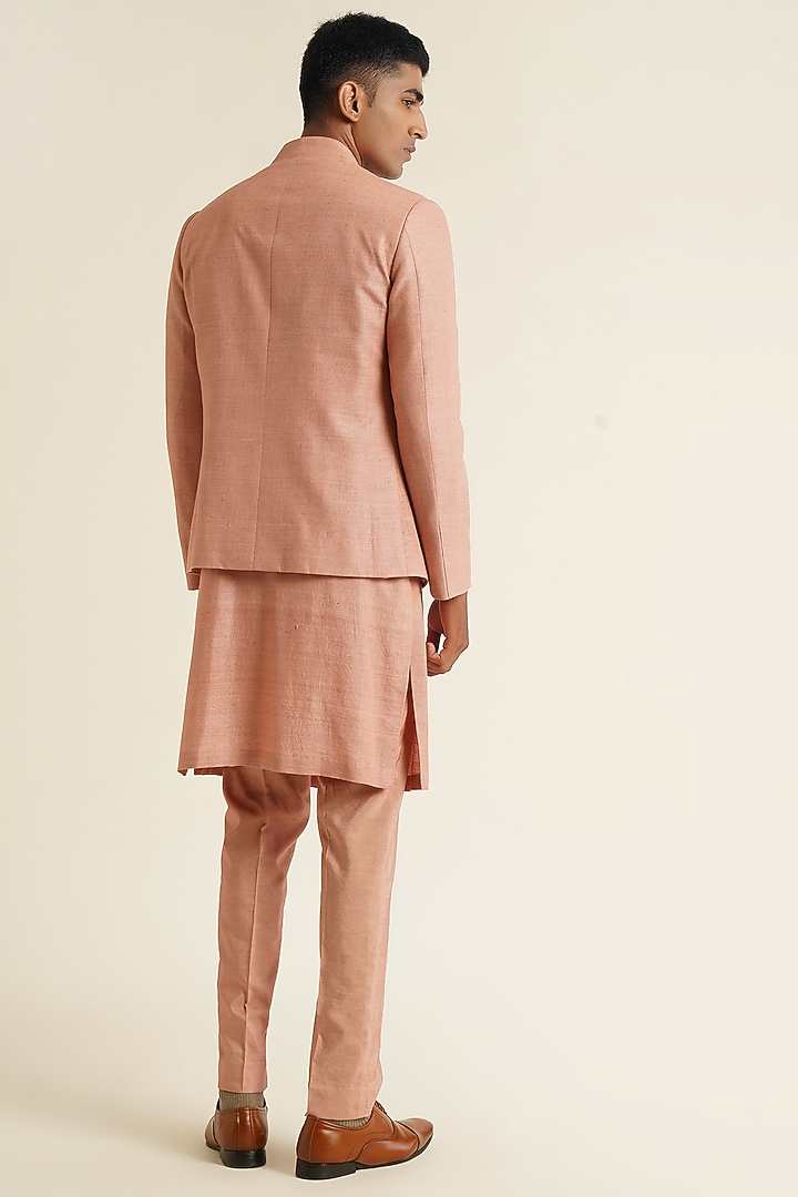 Onion Pink Silk French Knot Embroidered Open Wedding Bandhgala Set by Dhruv Vaish at Pernia's Pop Up Shop