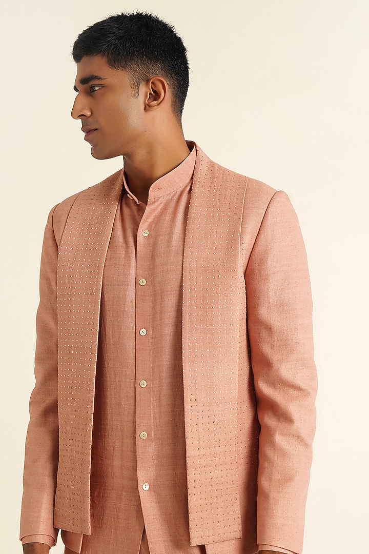 Onion Pink Silk French Knot Embroidered Open Wedding Bandhgala Set by Dhruv Vaish at Pernia's Pop Up Shop