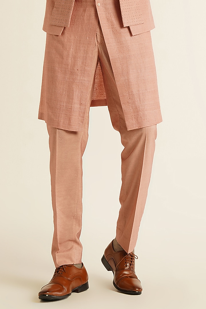 Onion Pink Silk French Knot Embroidered Open Wedding Bandhgala Set by Dhruv Vaish at Pernia's Pop Up Shop