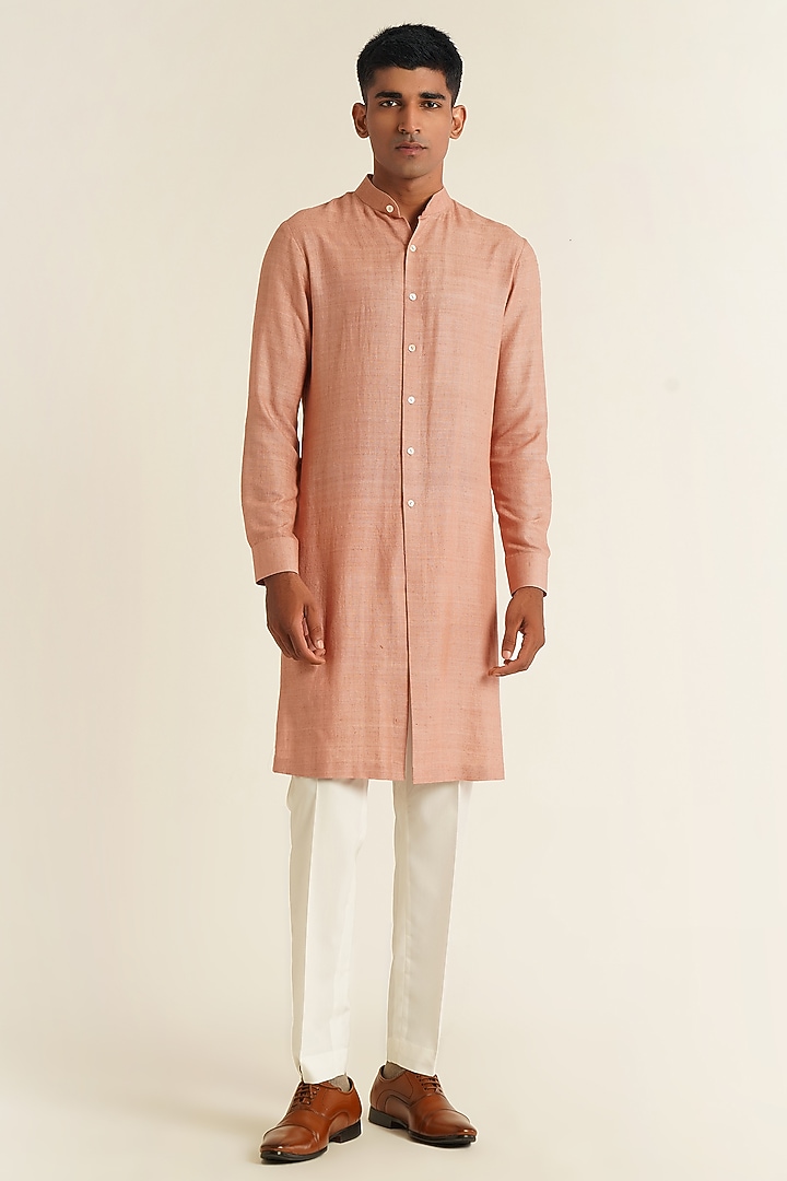 Onion Pink Silk French Knot Embroidered Open Wedding Bandhgala Set by Dhruv Vaish at Pernia's Pop Up Shop